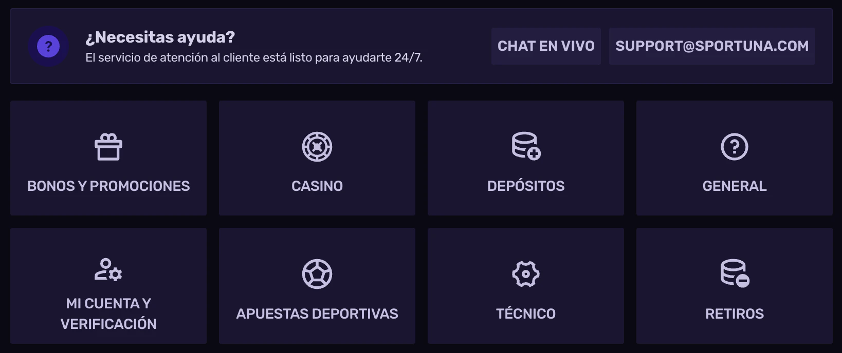 Atención al cliente 24/7 y chat en vivo en Sportune Casino