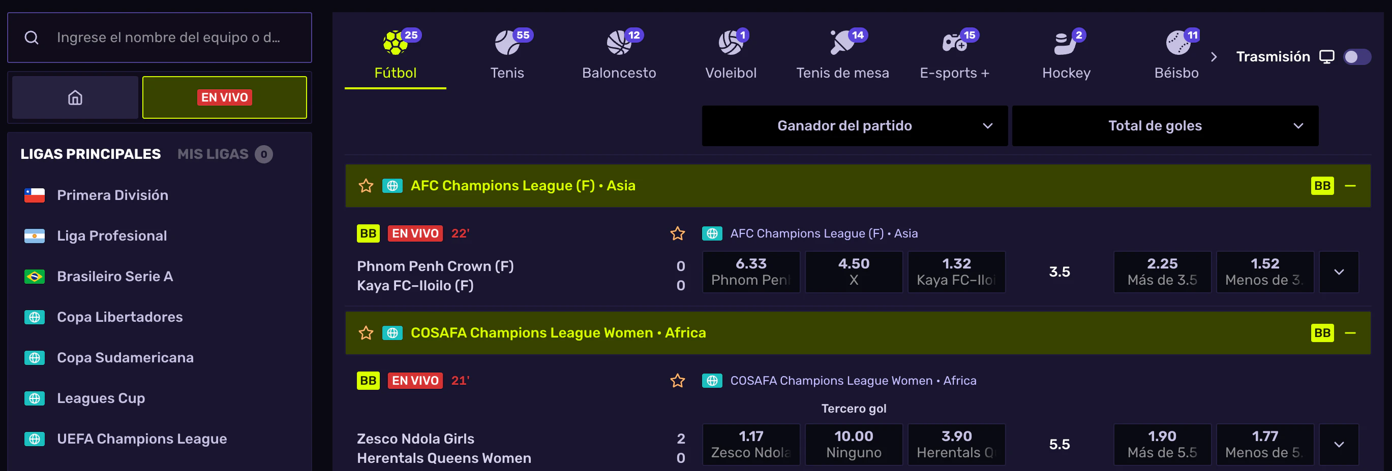 Pronósticos y apuestas deportivas en la plataforma Sportune Casino